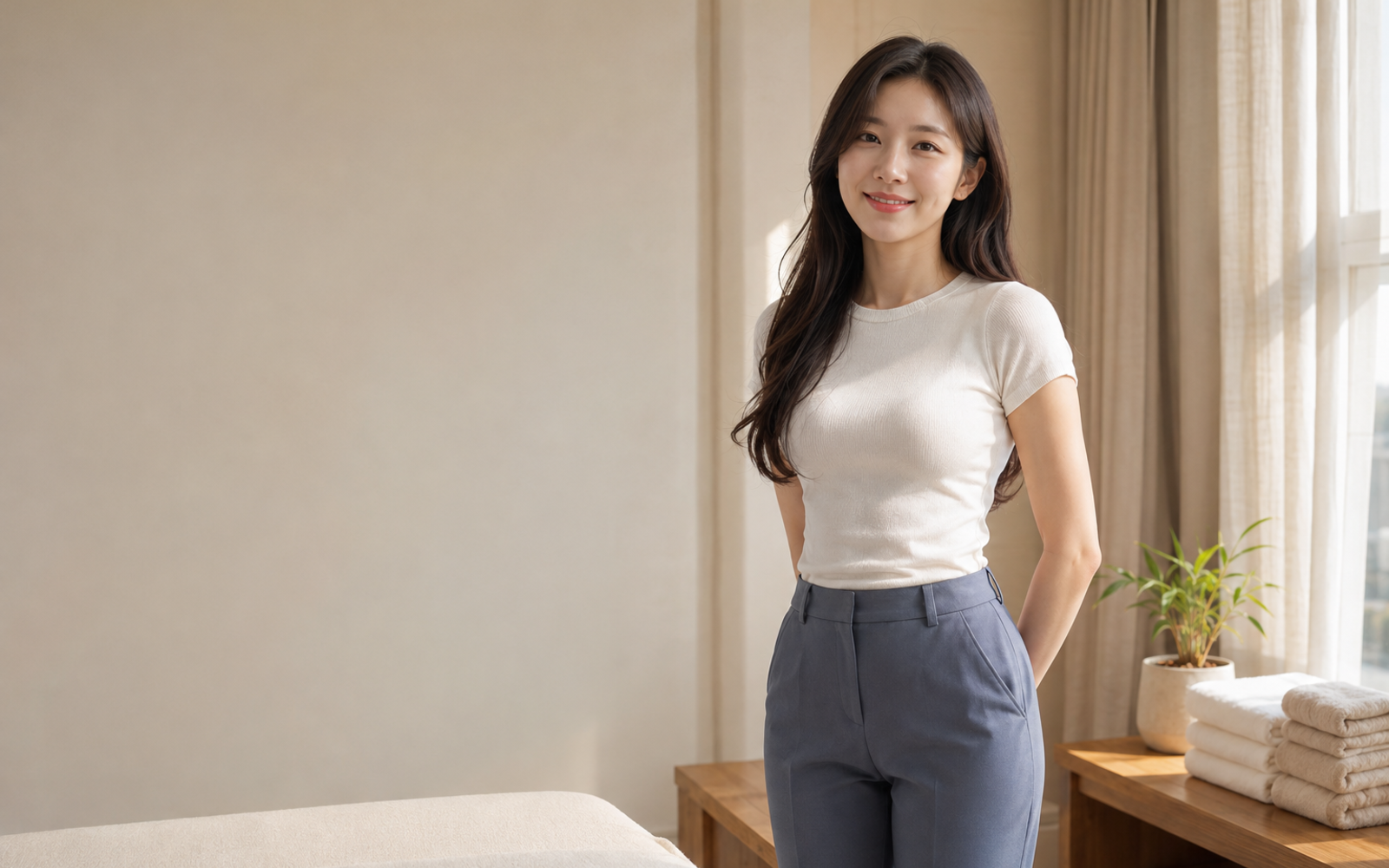 성남 분당 방문 홈케어를 안내하는 젊은 성인 한국 여성 관리사